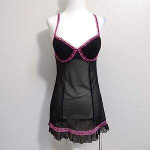 Rampage Intimates Black & Pink Gothic Sheer Mesh Lace Mini Dress | Size L